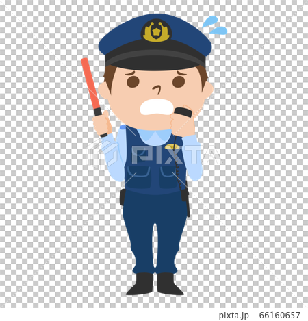 Illustration of a sex police officer in trouble with a radio and a red guide rod. 66160657