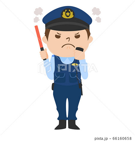 無線と赤色の誘導棒を持って怒っている男性警察官のイラスト のイラスト素材