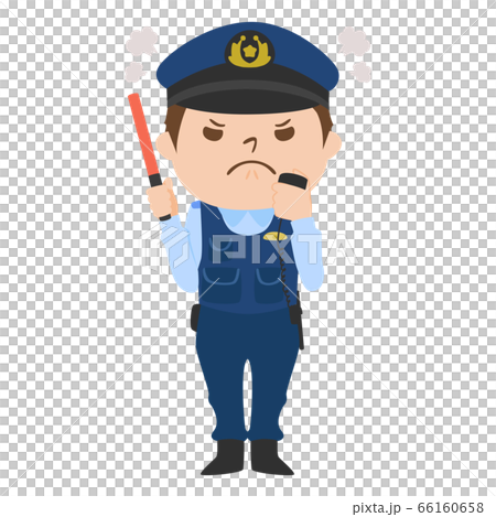 Illustration of an angry male police officer holding a radio and a red guide rod. 66160658