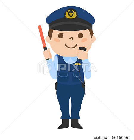 無線と赤色の誘導棒を持っている男性警察官のイラスト のイラスト素材