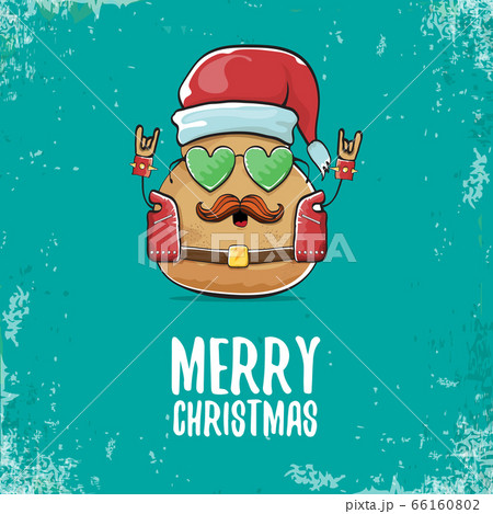vector rock star santa potato funny cartoon cute character with with red santa hat and calligraphic merry christmas text isolated on azure background. rock n roll christmas party poster vector rock star santa potato funny cartoon cute character with with red santa hat and calligraphic merry christmas text isolated on azure background. rock n roll christmas party poster 66160802