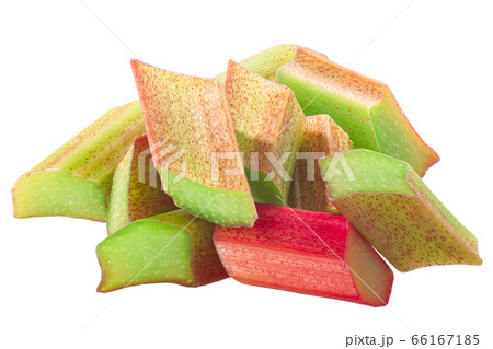 Pile of cut or sliced Rhubrab stalk, isolated w Pile of cut or sliced Rhubrab stalk, isolated w 66167185