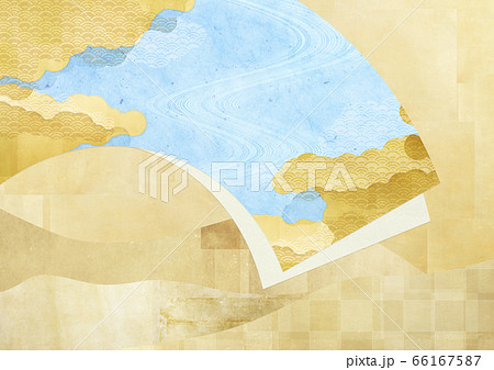 和風背景素材 金紙に青い和紙の扇のイラスト素材