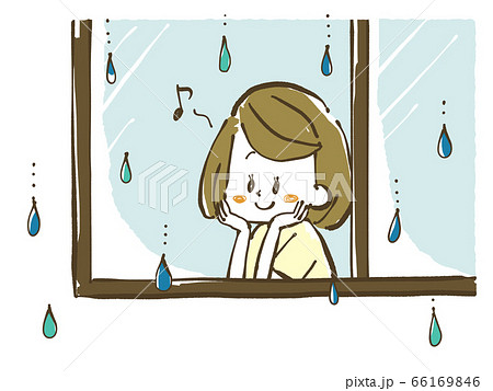 雨の日に窓の外を眺める女性のイラスト素材
