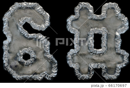 Set of symbols ampersand and hash made of industrial metal on black background 3d 66170697