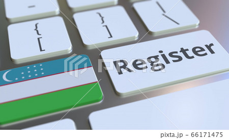 Register text and flag of Uzbekistan on the keyboard. Online services related 3D rendering Register text and flag of Uzbekistan on the keyboard. Online services related 3D rendering 66171475