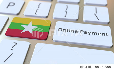 Online Payment text and flag of Myanmar on the keyboard. Modern finance related conceptual 3D rendering 66171506