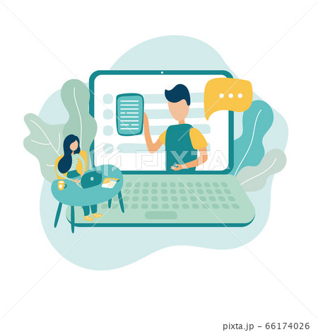 Vector illustration in trendy flat style - online education conference icon concept. Laptop with a male teacher on the screen of the computer 66174026