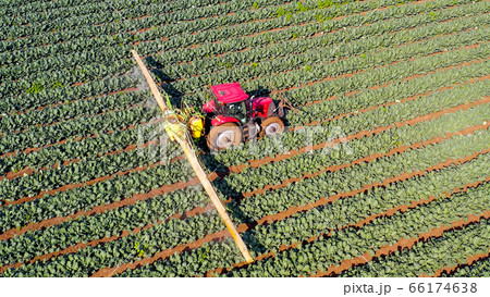 Pesticide Sprayer Tractor working on a large field. Pesticide Sprayer Tractor working on a large field. 66174638