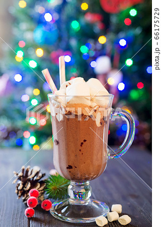 Glass cup of hot cocoa with mini marshmallows with pine boughs a rustic background with beautiful Christmas lights of bokeh. Could also be coffee. 66175729