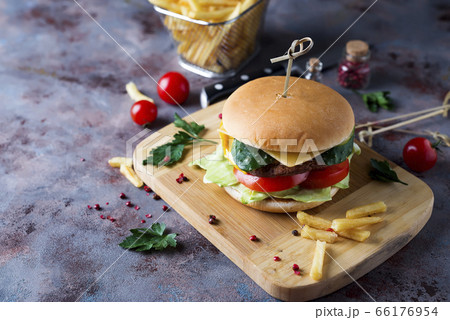 burger with french fries, burger with french fries, 66176954