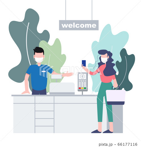 People use contactless payment for buying at store. Reopening protection prevention strategy. People use contactless payment for buying at store. Reopening protection prevention strategy. 66177116