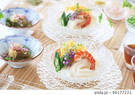 錦糸卵と車海老を乗せたそうめん　夏野菜の炊き合わせ 66177221