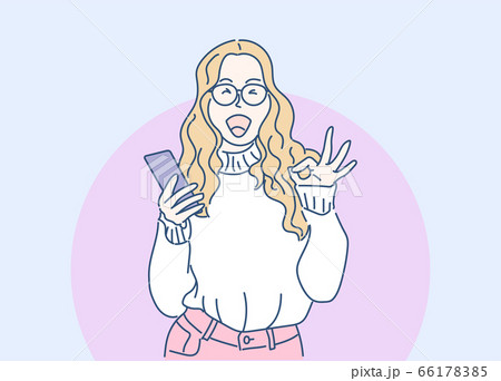 Cheerful girl Hold the smartphone and show the symbolic finger indicating OK. Hand drawn in thin line style, vector illustrations. 66178385