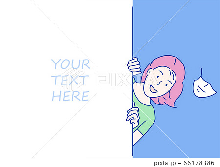 Cheerful girl is standing behind the white blank banner and pointing down at a copy space. Hand drawn in thin line style, vector illustrations. (A Mask can be removable) 66178386