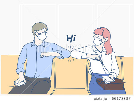 Elbow bump new normal greeting to avoid the spread of Coronavirus instead of greeting with hug or handshake. Hand drawn in thin line style, vector illustrations. 66178387