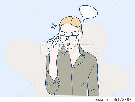 Business women hold glasses frame with surprised expression, something went wrong! Hand drawn in thin line style, vector illustrations. 66178388