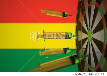 COVID-19 coronavirus disease vaccine syringes hit target against the Bolivian flag. Successful research and vaccination in Bolivia. 3D rendering COVID-19 coronavirus disease vaccine syringes hit target against the Bolivian flag. Successful research and vaccination in Bolivia. 3D rendering 66178541