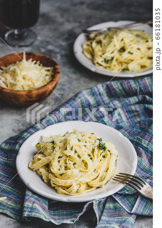 Fettuccine Alfredo on Plate 66181035
