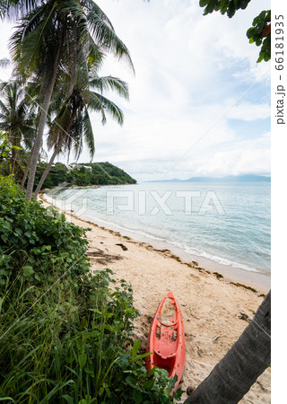 Colorful orange kayaks on a sandy beach ready for paddlers in sunny day. Active tourism and water recreation. 66181935