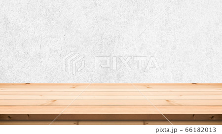 Empty wooden table top with lights bokeh on white wall background 66182013