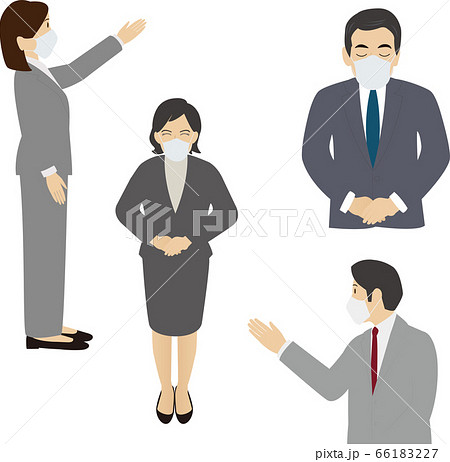 マスク姿で接客、案内、プレゼン、おじぎをする男女 マスク姿で接客、案内、プレゼン、おじぎをする男女 66183227