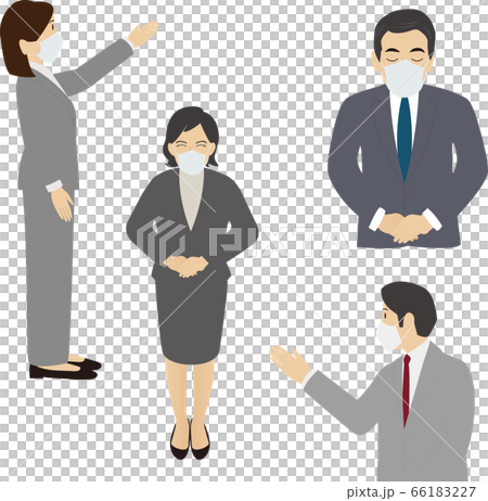 マスク姿で接客、案内、プレゼン、おじぎをする男女 マスク姿で接客、案内、プレゼン、おじぎをする男女 66183227