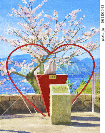 桜満開 尾道 恋人の聖地 水彩風イラスト 66186643