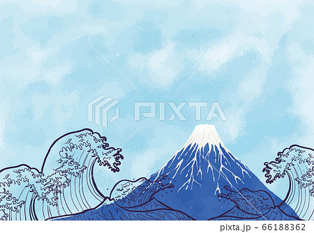 富士と海：年賀状 水彩 富士山 海 波 自然 浮世絵のイラスト素材 