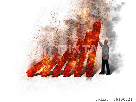負の連鎖で崩壊する赤い棒グラフを支えるビジネス人形【ビジネスの失敗】 66190221