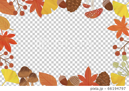 秋 白 四角 枠 フレーム イラスト パターン 紅葉 イチョウ どんぐり 松ぼっくり きのこ 葉っぱのイラスト素材