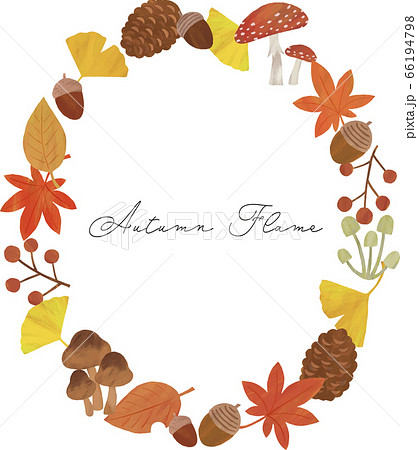 秋 丸 枠 フレーム イラスト パターン 紅葉 イチョウ どんぐり 松ぼっくり きのこ 葉っぱのイラスト素材