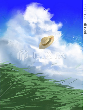 青空と入道雲と高原の背景 風に飛ばされる麦わら帽子のイラスト素材