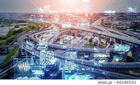 交通とテクノロジー 高速道路のジャンクション空撮とネットワークイメージ ITS MaaS 交通とテクノロジー 高速道路のジャンクション空撮とネットワークイメージ ITS MaaS 66196501