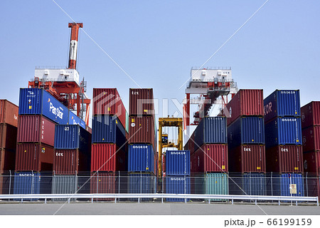 ガントリークレーンとストラドルキャリアが見えるコンテナヤード 66199159