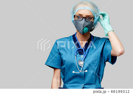 female doctor with stethoscope wearing protective mask and latex gloves over light grey background 66199312