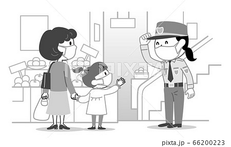 女性警備員 買い物客 マスク モノクロ イラスト のイラスト素材