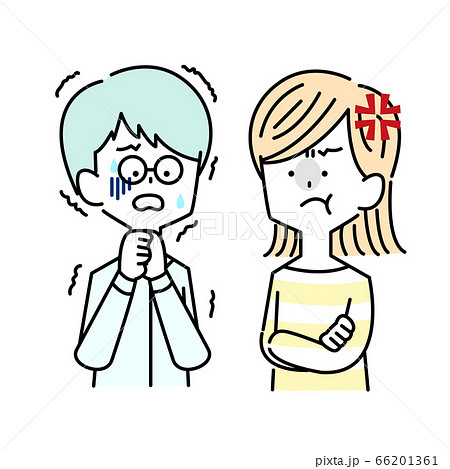 怒り心頭の女性と怯える男性のイラスト素材