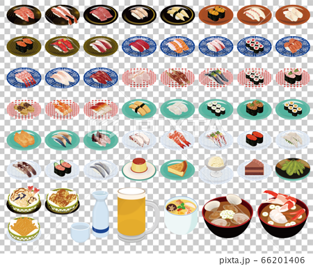 回り寿司のメニュー50種イラスト お寿司 サイドメニュー スイーツ アルコール のイラスト素材