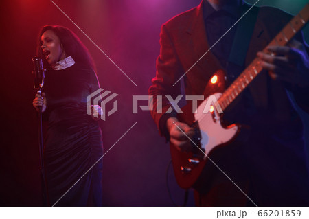 A jazz singer and guitarist perform on stage. 66201859
