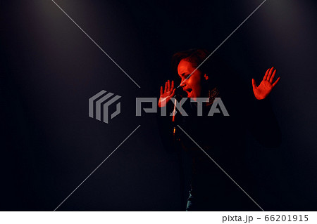 A jazz singer performs on stage. Afro. 66201915