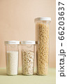Plastic containers with cereals. Home storage products. Rice, oat and pasta. 66203637