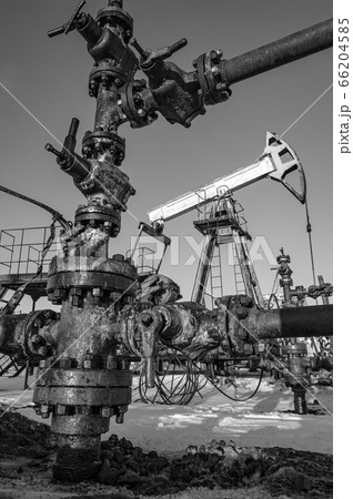 Oil pump rig. Oil and gas production. Oilfield site. Pump Jack are running. Drilling derricks for fossil fuels output and crude oil production. War on oil prices. Global coronavirus COVID 19 crisis. Oil pump rig. Oil and gas production. Oilfield site. Pump Jack are running. Drilling derricks for fossil fuels output and crude oil production. War on oil prices. Global coronavirus COVID 19 crisis. 66204585