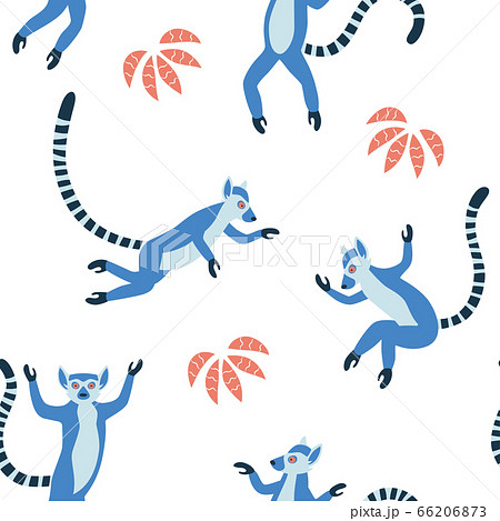 Exotic Madagascan lemurs with long striped tails. Hand drawn vector seamless pattern 66206873