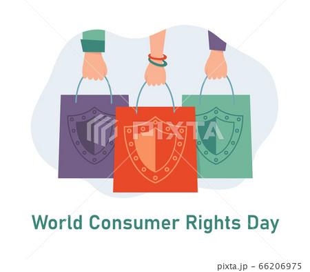 World Consumer Rights Day. Hands with shopping bags. Shield sign on the package. Greeting card for consumer protection day. Vector illustration 66206975