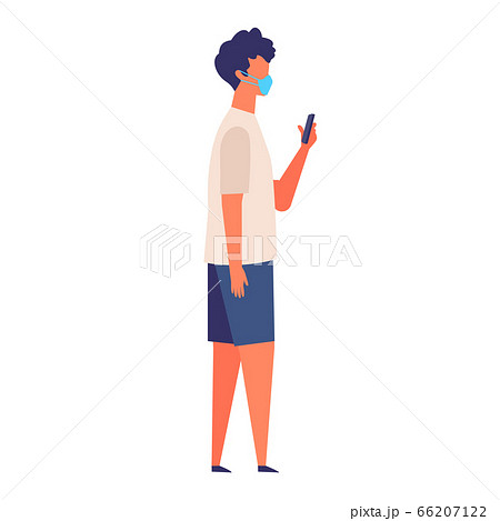 マスクをして歩きスマホをする半袖夏服の男性のイラスト素材