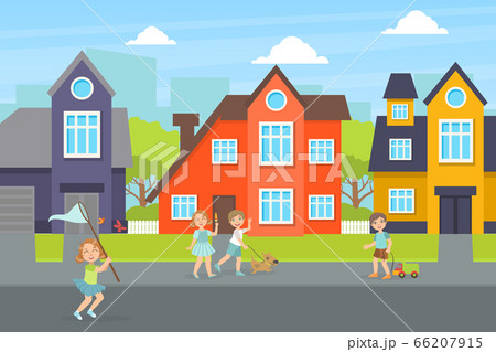 Cute Children Walking and Playing on the Street, Urban Landscape Vector Illustration 66207915