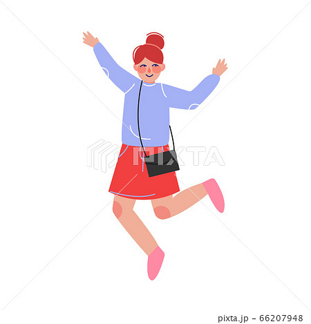 Teen Girl Happily Jumping, Excited Schoolgirl Having Fun Vector Illustration 66207948