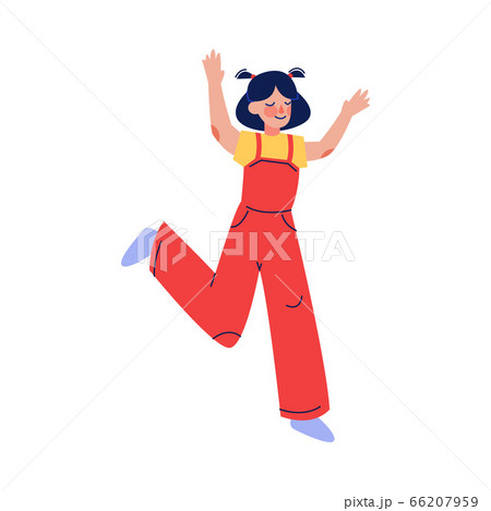 Teenager Girl in Red Overalls Happily Jumping, Excited Schoolgirl Having Fun Vector Illustration Teenager Girl in Red Overalls Happily Jumping, Excited Schoolgirl Having Fun Vector Illustration 66207959