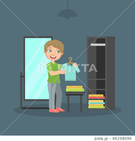 Boy Hanging Clothes on Hangers in Closet, Child Doing Household Chores Vector Illustration Boy Hanging Clothes on Hangers in Closet, Child Doing Household Chores Vector Illustration 66208090